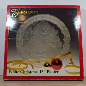 Elements White Christmas 13" Frosted Glass Santa Platter Gold Trim w/ Box
